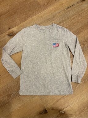 Vineyard Vines Gray Long Sleeve Tee with Small American Flag Pocket